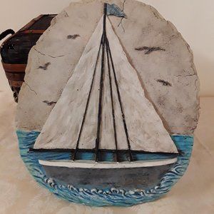 Faith Rollins Vintage Sailboat Folk Art Plaque